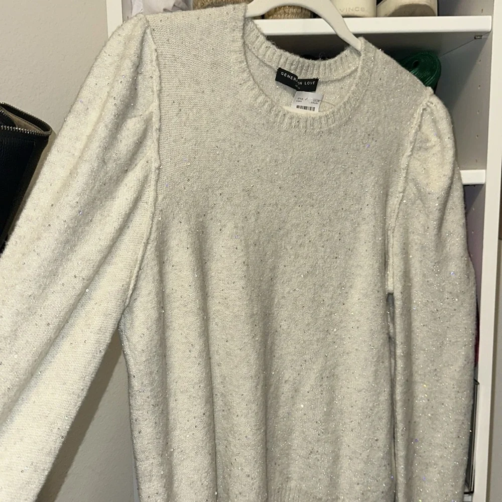 Generation Love Ecru Sequin Top with Puff Sleeves - Picture 3 of 7